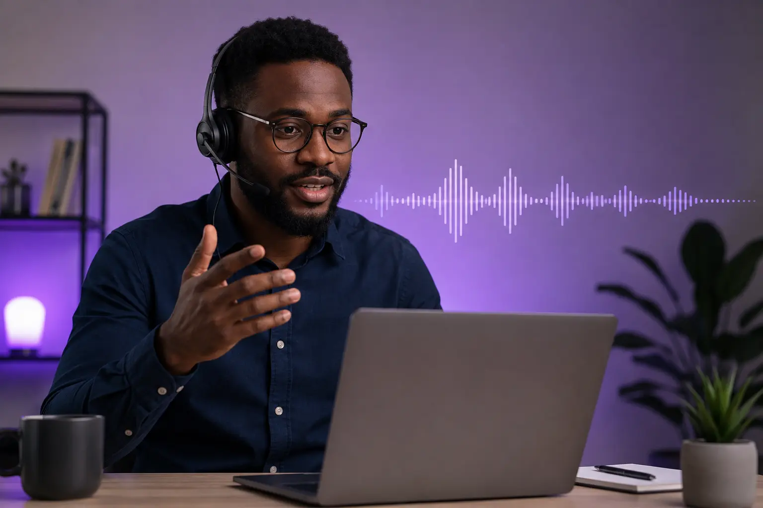 Professional speaking through a headset with a laptop, speech waveform overlay